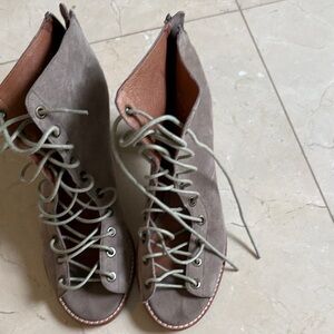 Jeffrey Campbell Taupe Suede Lace-Up Open-Toe Boots